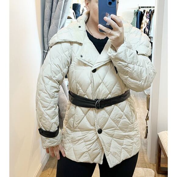 Max Mara Quilted Down Oversized Collar Belted Puffer Coat Jacket Cream 6 - Picture 1 of 11